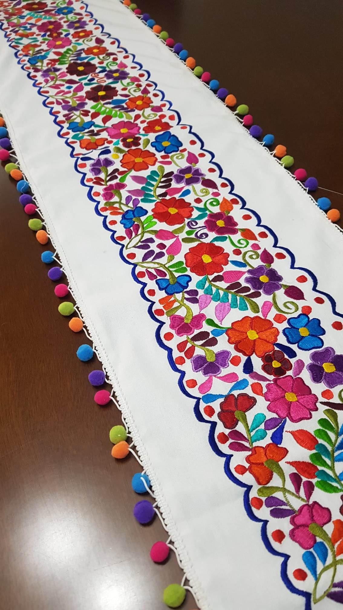 Mexican embroiodered Table Runner, Pompom tassel colorful flowers Table cloth, white Boho Aztec fabric, flower Mexico Table linens placemat