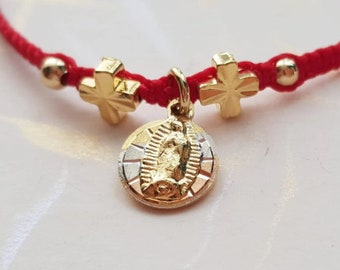 Virgen Guadalupe Tricolor gold charm, red woven bracelet with crosses, Gold plated bracelet, Tricolor gold Medal, cross bracelet with medal