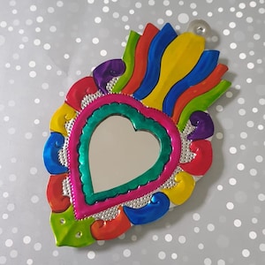 Milagro Sacred Heart, mexican kitsch rainbow tin heart Ornament, mirror milagrito charm, engraved embossed metal Mexican Flaming Frida Heart