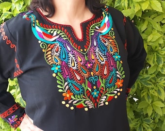 Mexican Embroidered off the Shoulder White Blouse, Lace Trim