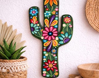 Mexican Wooden Cactus Wall Decor, HandPainted Nopal Art, Colorful Boho Hanging, Talavera Style Home, Folk housewarming Gift, Western Texas