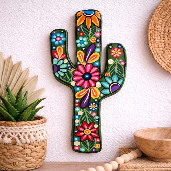 Mexican Wooden Cactus Wall Decor, HandPainted Nopal Art, Colorful Boho Hanging, Talavera Style Home, Folk housewarming Gift, Western Texas