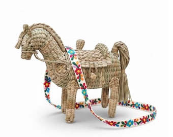 Woven Straw Horse Bag, Mexican Rattan Purse, Embroidered Floral Strap
