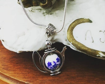 Teapot Necklace - Blue Flower