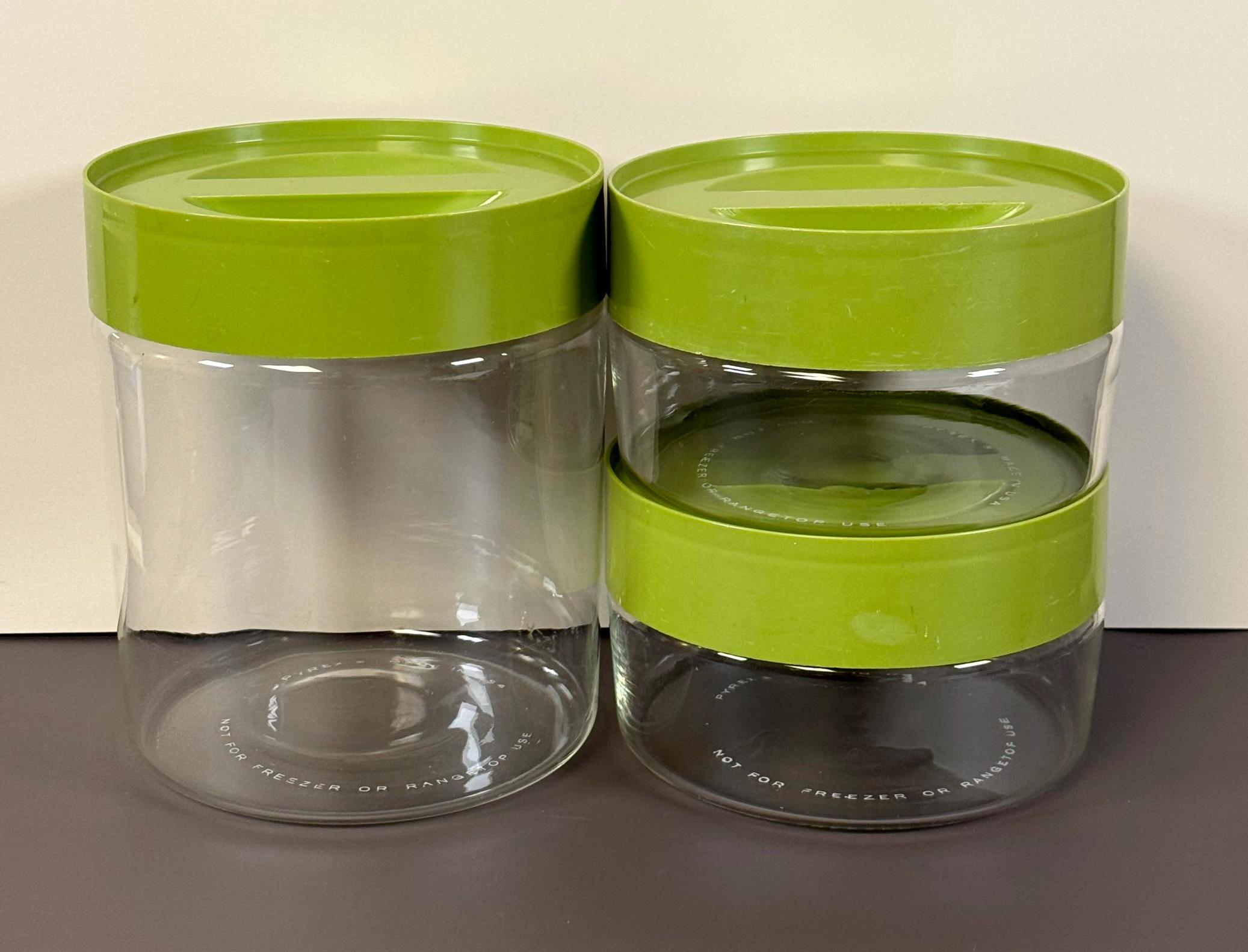 Vintage 1970s Pyrex Store ‘N See Canisters Set of 3 – Avocado Green Lids