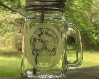 Ball Jar Mug, Sugar Skull, Glass Etched