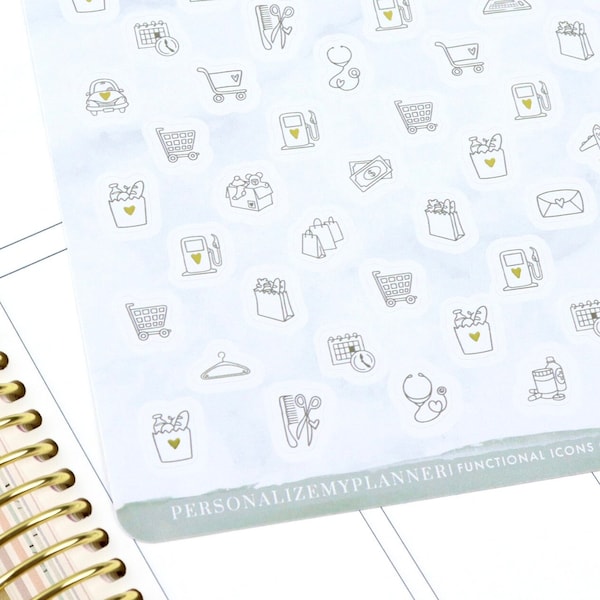 Functional Planner Icon Stickers, 64 Stickers, errands, appointment, gas, shopping cart, grocery store, dentist, doctor, shopping
