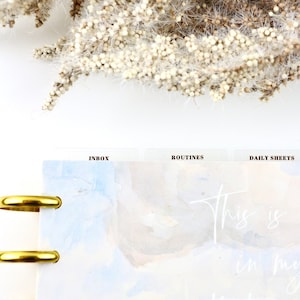 May include: A planner with gold rings and tabs labeled "Inbox", "Routines", "Daily Sheets", and "Projects". The planner pages have a watercolor design with the text "This is my comfort in my affliction". Dried flowers are in the background.