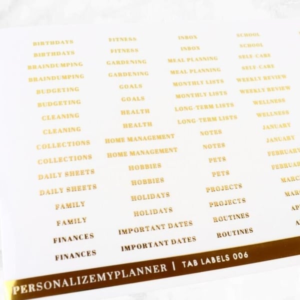 Planner Divider Labels, GOLD Stickers, 80 Clear Tab Labels, Inbox, Projects, Budgeting, Months, Cleaning, Meal Planning, Happy Planner