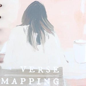 May include: A planner page with an abstract illustration of a person with dark hair, wearing a white top. The words "VERSE MAPPING" are printed in a light gray font at the bottom. The background is a soft pink and white.