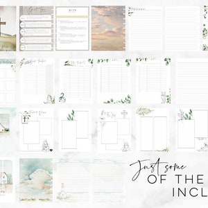 May include: A collection of printable planner inserts with watercolor illustrations and handwritten text. The inserts include sections for quiet time, collections, and sermon notes. The pages feature lined and blank spaces, with decorative floral accents and a cross.