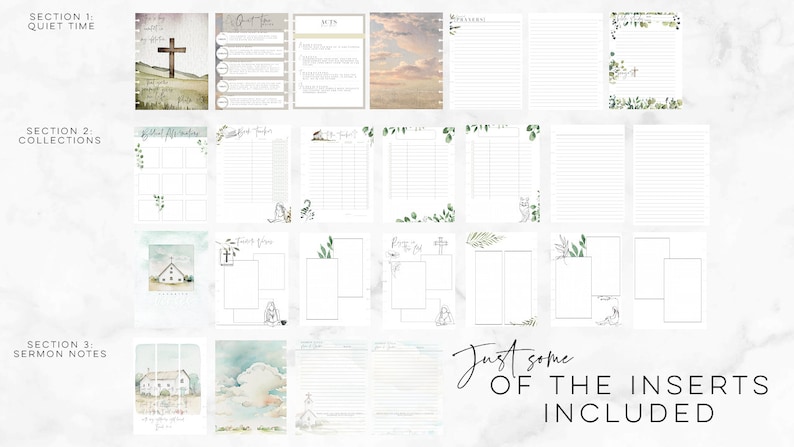 May include: A collection of printable planner inserts with watercolor illustrations and handwritten text. The inserts include sections for quiet time, collections, and sermon notes. The pages feature lined and blank spaces, with decorative floral accents and a cross.