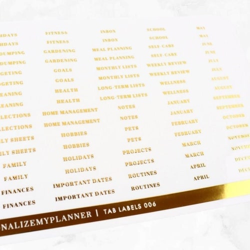 Planner Divider Labels, GOLD Stickers, 80 Clear Tab Labels, Inbox, Projects, Budgeting, Months, Cleaning, Meal Planning, Happy Planner