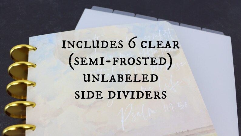 May include: A planner with gold rings and a watercolor design. The text reads "INCLUDES 6 CLEAR (SEMI-FROSTED) UNLABELED SIDE DIVIDERS". The dividers are gray and the background has a soft, pastel color scheme.