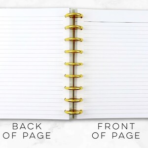 May include: Open notebook with lined pages, held together by gold-colored disc binding. The left page is labeled "BACK OF PAGE" and the right page is labeled "FRONT OF PAGE". The notebook is open on a white surface.