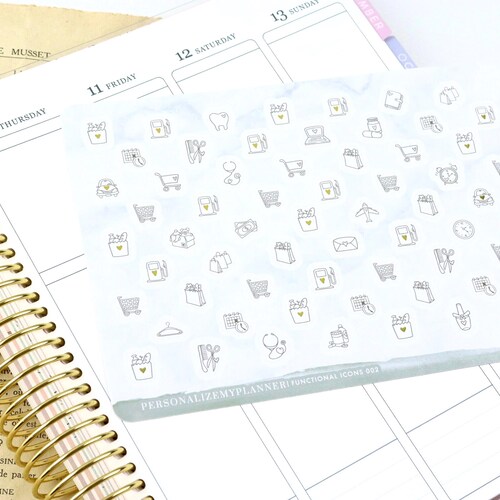 Functional Planner Icon Stickers, 64 Stickers, errands, appointment, gas, shopping cart, grocery store, dentist, doctor, shopping