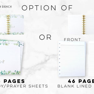 Puede incluir: Cuadernos de papel rayado blanco con discos de oro rosa. Una opci&oacute;n es un cuaderno con 46 p&aacute;ginas de hojas de estudio b&iacute;blico/oraci&oacute;n, y la otra es un cuaderno con 46 p&aacute;ginas de notas rayadas en blanco.