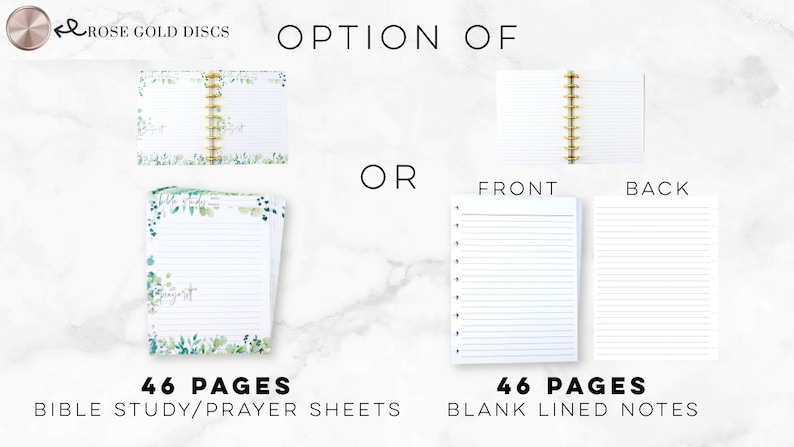 Puede incluir: Cuadernos de papel rayado blanco con discos de oro rosa. Una opci&oacute;n es un cuaderno con 46 p&aacute;ginas de hojas de estudio b&iacute;blico/oraci&oacute;n, y la otra es un cuaderno con 46 p&aacute;ginas de notas rayadas en blanco.
