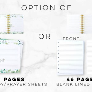 May include: White lined paper notebooks with gold spiral binding and floral accents. The image shows two options: Bible study/prayer sheets and blank lined notes, each with 46 pages. The text reads "OPTION OF" and "OR".