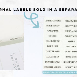 May include: A sheet of faith journal labels with various categories like "Bible Study" and "Prayers." The labels are white with black text. The image also shows a journal with the words "Church" and "Sermon Note."