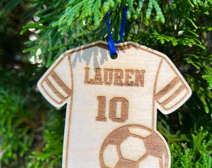 Personalized Wooden Soccer Jersey Ornament - Custom Laser Engraved