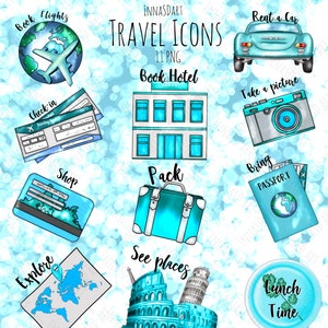 Reise Icons, Reise Clipart, Urlaub Clipart, Reise Aufkleber, Reise Planer, Flug buchen, Hotel buchen, Bordkarte, Rent a Car, erkunden