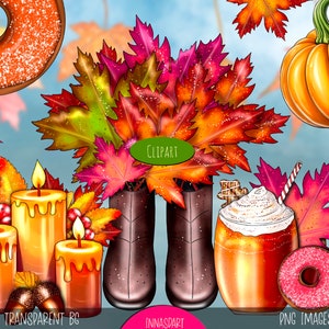 High-resolution digital art set featuring hand-painted fall elements like maple leaves, pumpkin spice latte, cozy candles, and bonuts, ideal for Thanksgiving cards and autumn-themed projects.