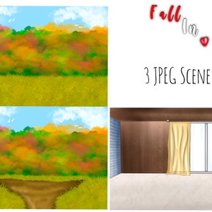 May include: Three digital backgrounds featuring a watercolour-style autumn forest scene with a blue sky and white clouds. The first two backgrounds feature a field of grass in the foreground. The third background features a room with a window and curtains.