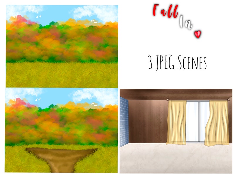 May include: Three digital backgrounds featuring a watercolour-style autumn forest scene with a blue sky and white clouds. The first two backgrounds feature a field of grass in the foreground. The third background features a room with a window and curtains.