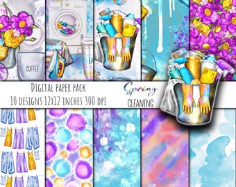 Spring Cleaning Watercolor Digital Papers , Spring Cleaning Digital Backgrounds, Spring Cleaning Clipart, Spring Planner, Home Cleaning