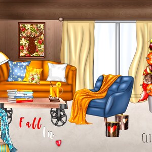 May include: A cosy living room scene with a yellow sofa, blue armchair, and a fall-themed centrepiece with pumpkins, gourds, and leaves. The room has a wood floor, a window with curtains, and a lamp. The text "Fall in" is written on the floor.