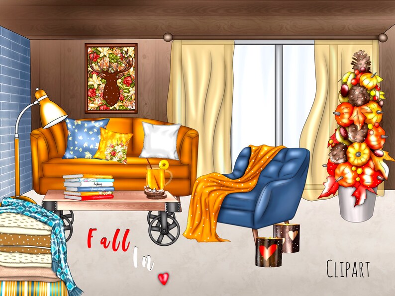 May include: A cosy living room scene with a yellow sofa, blue armchair, and a fall-themed centrepiece with pumpkins, gourds, and leaves. The room has a wood floor, a window with curtains, and a lamp. The text "Fall in" is written on the floor.