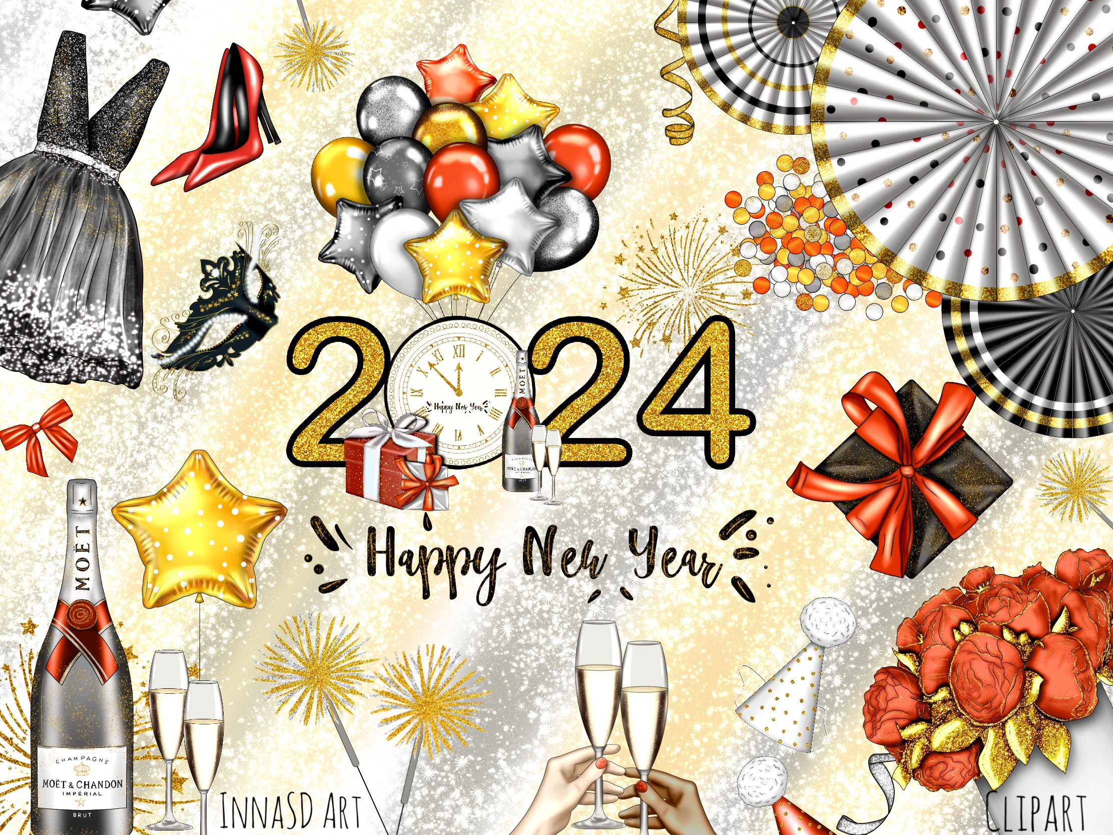 Happy New Year Clipart, Happy New Year 2024 Clipart, New Year Stickers ...