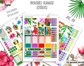 Hawaii Tropical Printable Stickers Aloha Summer Theme Vertical Planner (Digital Download)