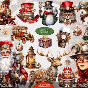 Steampunk Christmas Clipart Watercolor, Winter Holidays Clipart, Christmas Tree PNG, Snowman Sticker, Reindeer PNG, Steampunk Winter Clipart