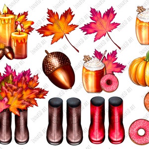 High-resolution digital art set featuring hand-painted fall elements like maple leaves, pumpkin spice latte, cozy candles, and bonuts, ideal for Thanksgiving cards and autumn-themed projects.