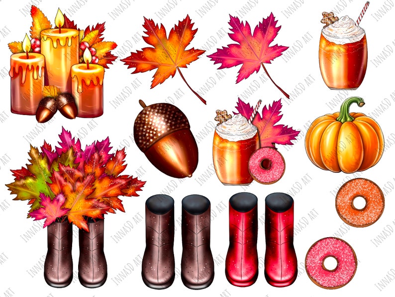 High-resolution digital art set featuring hand-painted fall elements like maple leaves, pumpkin spice latte, cozy candles, and bonuts, ideal for Thanksgiving cards and autumn-themed projects.