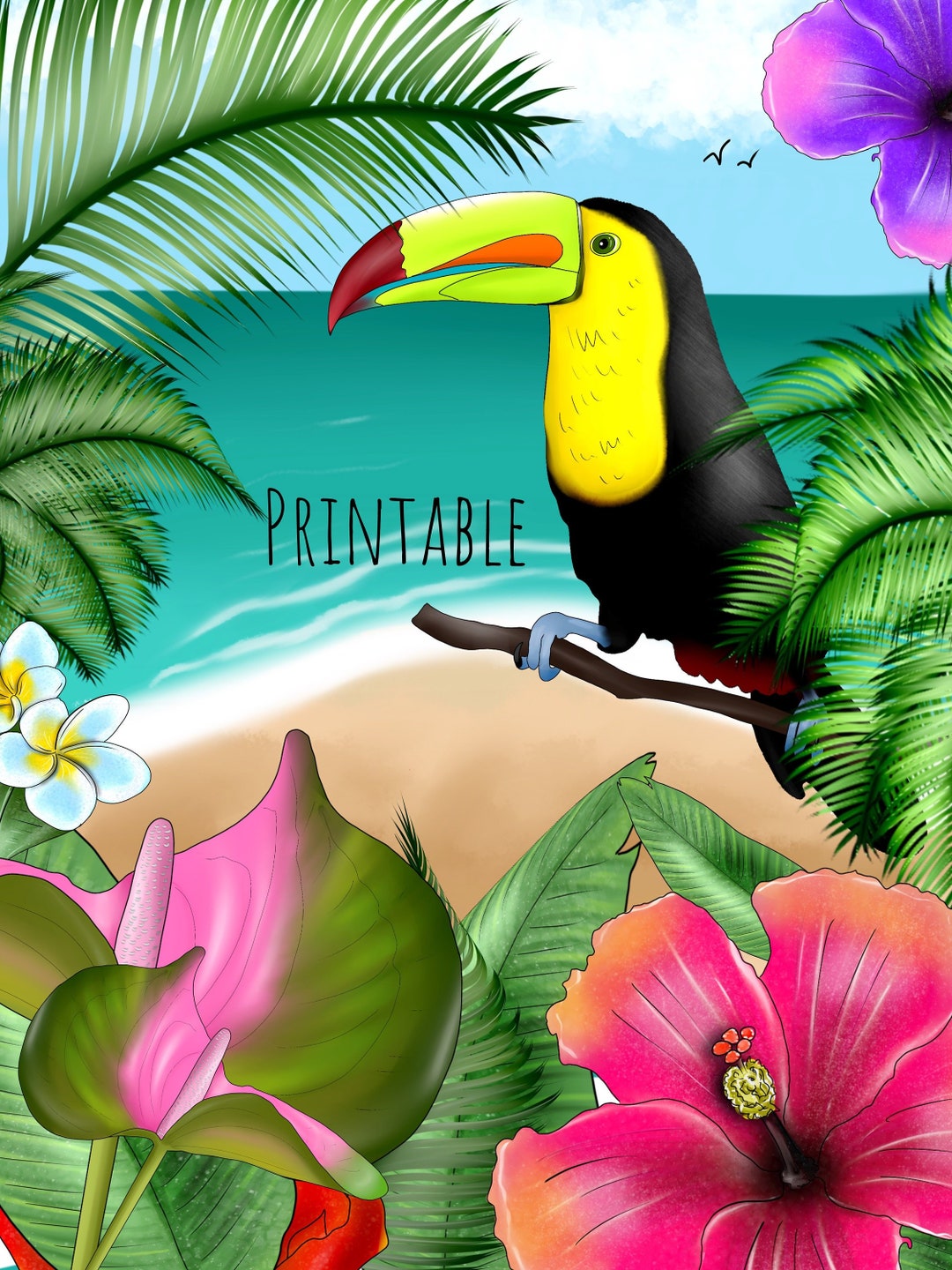 Tropical Paradise: Printable Beach Illustration With Toucan in Jungle ...