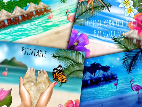 Tropical Beach Illustrations Paradise Beach Scenes Tropical Etsy