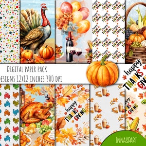 Happy Thanksgiving Digital Papers Set: 10 Watercolor Digital Patterns and Illustrations for Thanksgiving Cards, Planners, Posters and more.