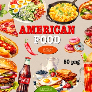 50 North American Food Clipart PNG Bilder: Mac und Käse, Cheeseburger, Hot Dog, Donat, Hummerbrötchen, Krabbenkuchen, Buffalo Huhn usw.