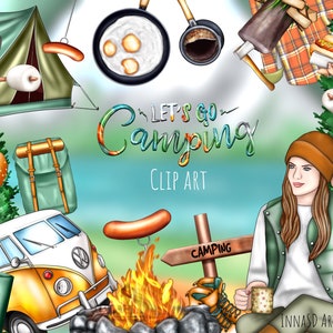 Vamos a acampar Clip Art, pegatinas de camping, clip art de moda, planificador de camping, planificador digital, pegatinas imprimibles, pegatinas GoodNotes