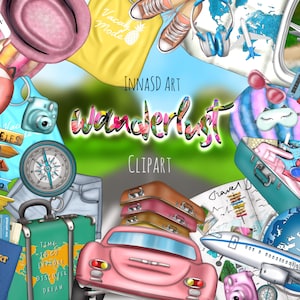 Adventure Awaits: Wanderlust Clip Art Set with Travel, Vacation, and Fashion Themes for Your Travel Planner and Road Trip Plan