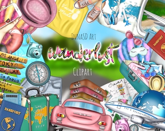 Wanderlust Clip Art Set Travel Vacation Stickers (Digital Download)
