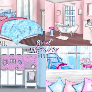 Escenas de buenos días imprimibles, Clipart acogedor de la cama en el hogar, Escenas de moda de la mañana, Clipart del domingo por la mañana, Pegatinas de la mañana, Planificador digital