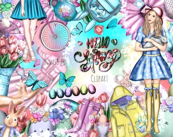 Hello Spring Clip Art Bright Easter Stickers (Digital Download)