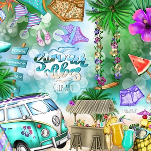 Tropical travel clip art sheet featuring surfboards, palm trees, van, beach cocktails, hibiscus flowers, suitcase and summer holiday icons — digital download set for planner stickers and travel themed projects.