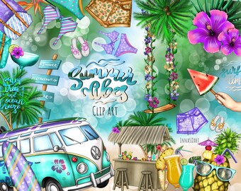 Summer Vibes Vacation Clip Art Set Travel Theme Kit Tropical Sticker Design Digital Download