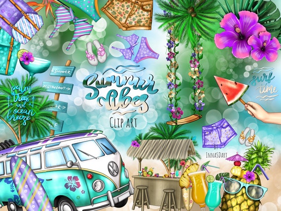 Summer Vibes Vacation Clip Art Set Travel Theme Kit Tropical Sticker Design Digital Download