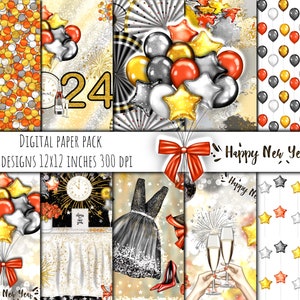 Papiers numériques de bonne année 2024, papiers du réveillon du Nouvel An, arrière-plans numériques du Nouvel An, clipart 2022, papiers festifs, planificateur du Nouvel An